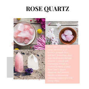 Rose Quartz healing crystals in tumbled and raw form 