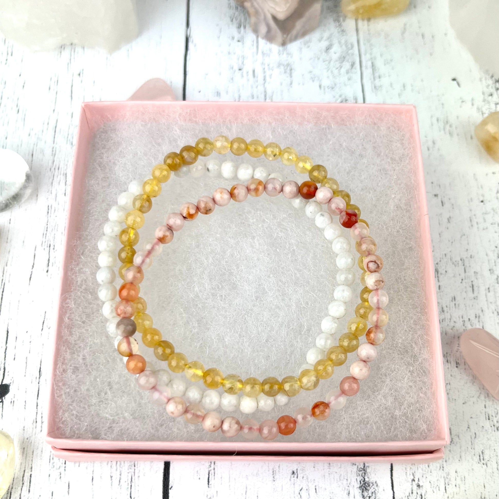Gemstone Bracelet Stack Set for New Beginnings: Citrine, Flower Agate, Moonstone 4mm Beads - Wealth, Manifestation, Inner Peace - Crystals for everyone • Crystals And Cord