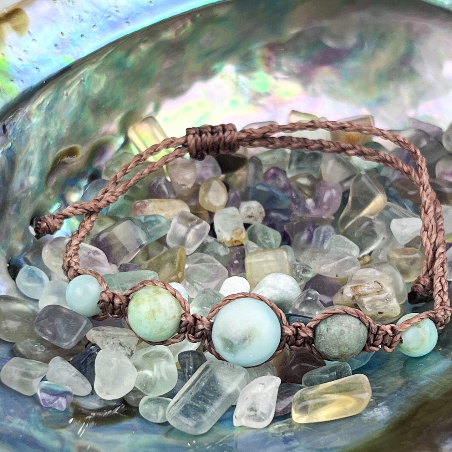 Hand Knotted Bead Bracelet with Caribbean Calcite Chrysocolla & Prehnite