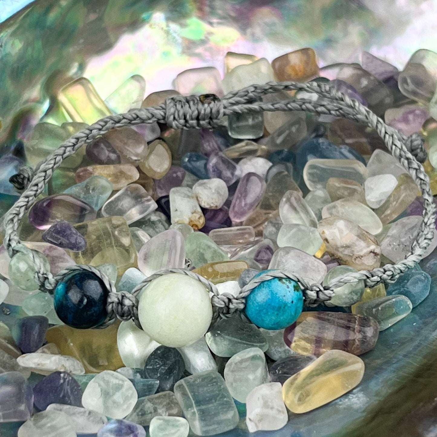 Hand Knotted Bead Bracelet with Caribbean Calcite Chrysocolla & Prehnite