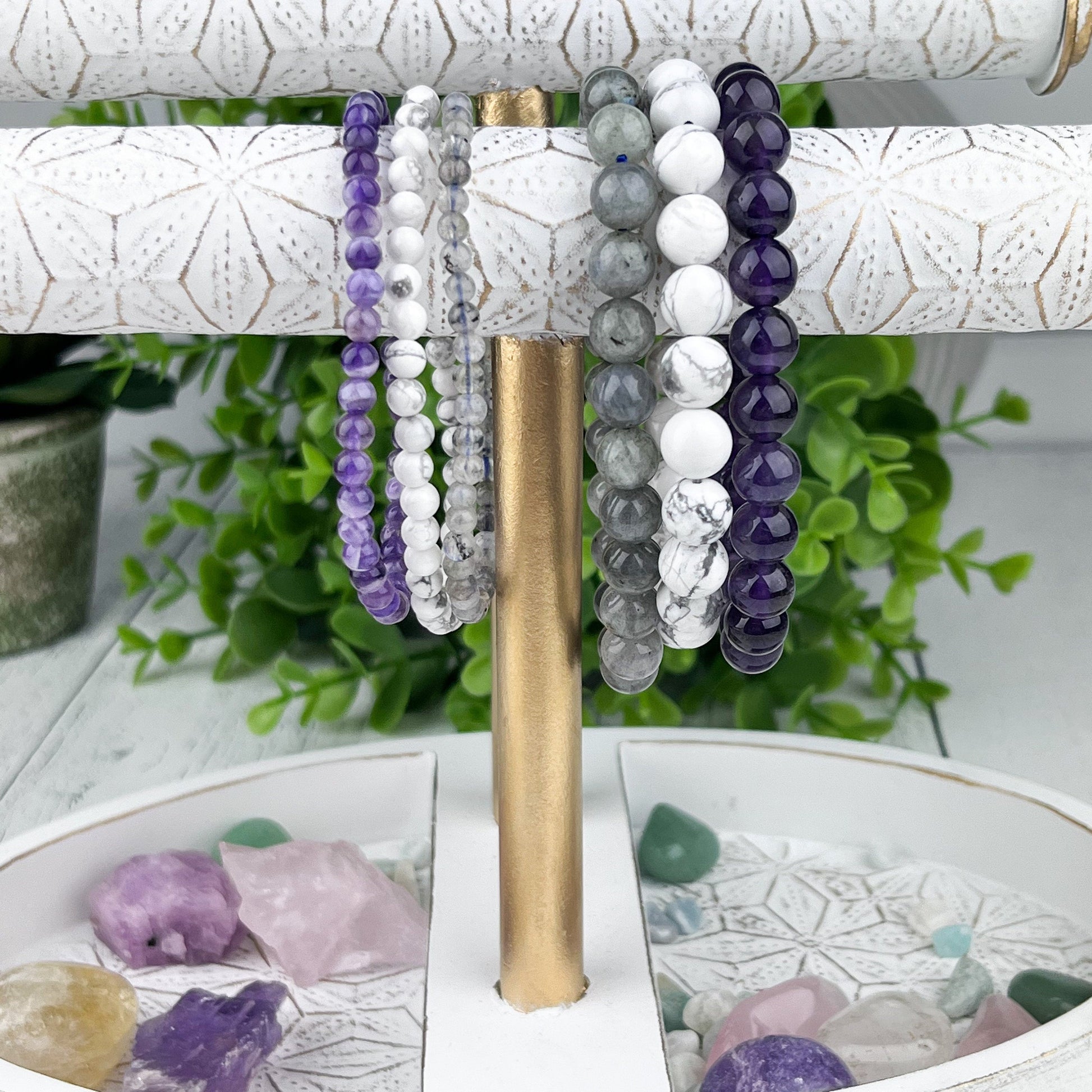 Serenity Stack Set: Amethyst, Howlite, Labradorite Gemstone Bracelets 8mm - Calm, Balance, Creativity - Set of 3 Beaded Bracelets - Crystals for everyone • Crystals And Cord