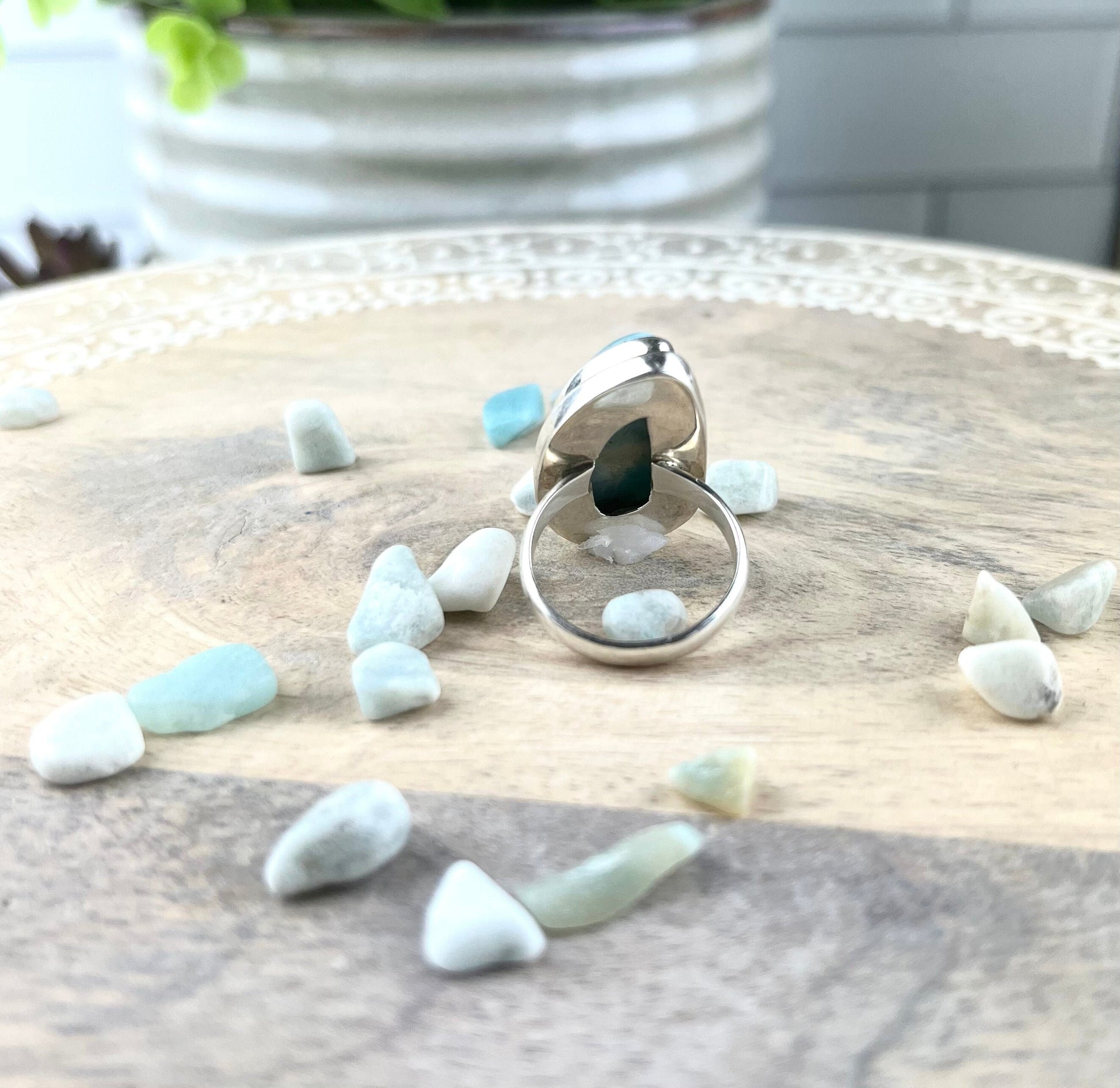 Larimar Gemstone .925 Sterling Silver Ring Represents Peace and clarity stimulates the Chakras - Crystals for everyone • Crystals And Cord