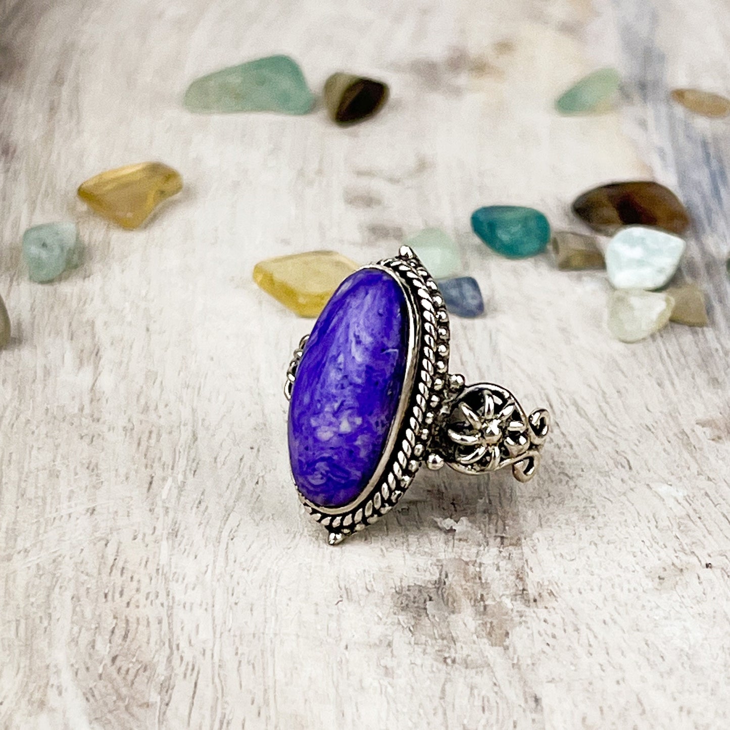 Mystical Charoite Sterling Silver Ring - Empower Transformation and Spiritual Insight with Purple Ray Energy - Size 7 - Crystals for everyone • Crystals And Cord