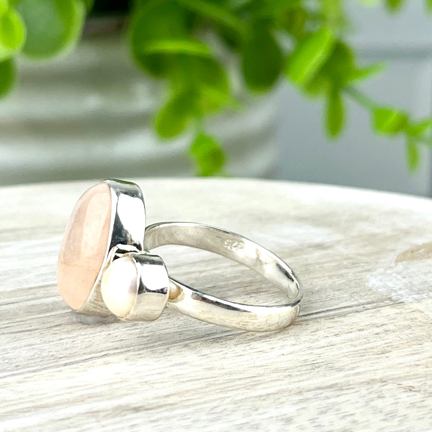 Morganite and Pearl Gemstone .925 Sterling Silver Ring