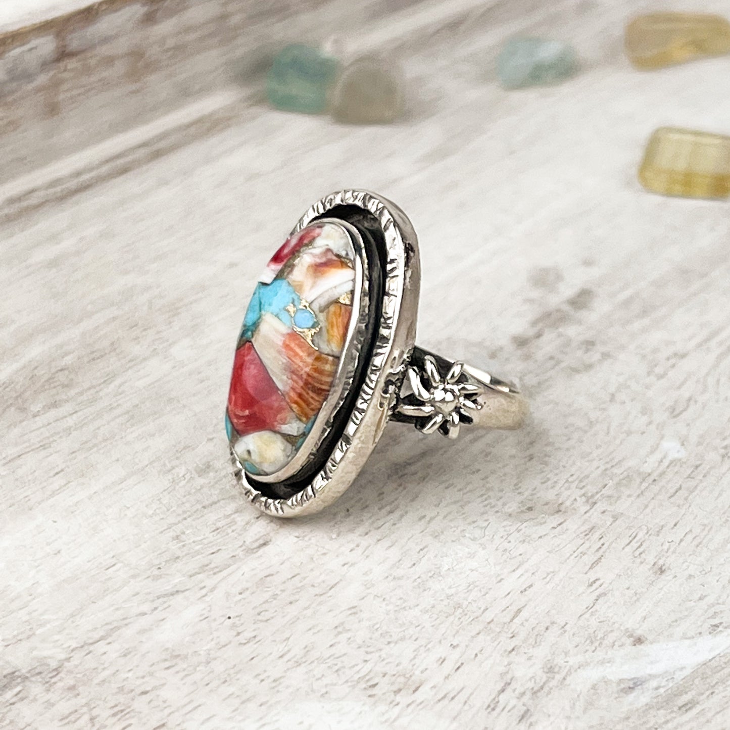Turquoise and Spiny Oyster Gemstone .925 Sterling Silver Ring