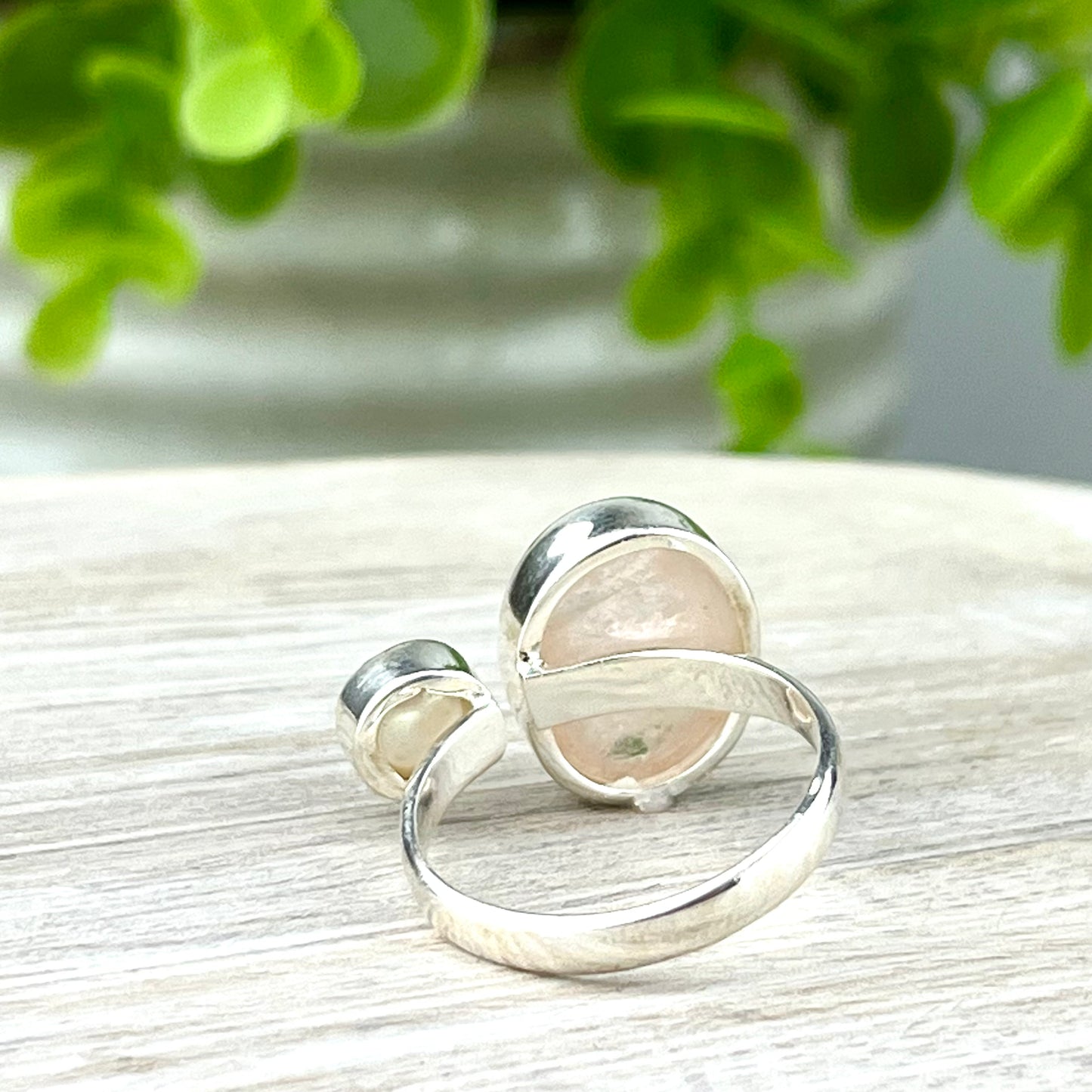 Morganite and Pearl Gemstone .925 Sterling Silver Ring
