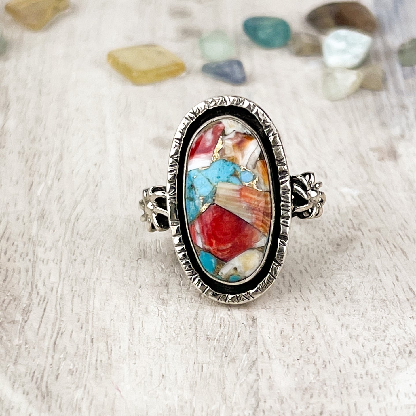 Turquoise and Spiny Oyster Gemstone .925 Sterling Silver Ring