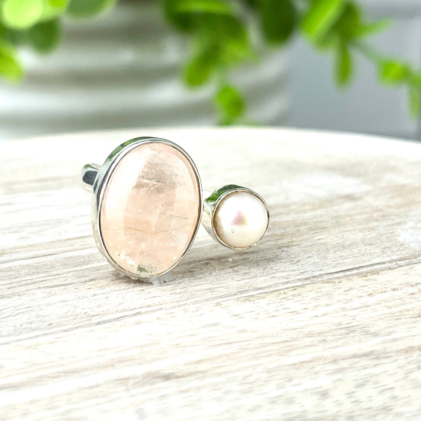 Morganite and Pearl Gemstone .925 Sterling Silver Ring