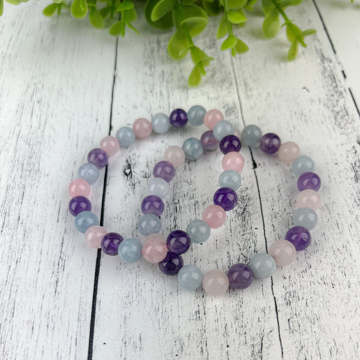 Amethyst Aquamarine Rose Quartz Trio Gemstone Bracelet 8mm