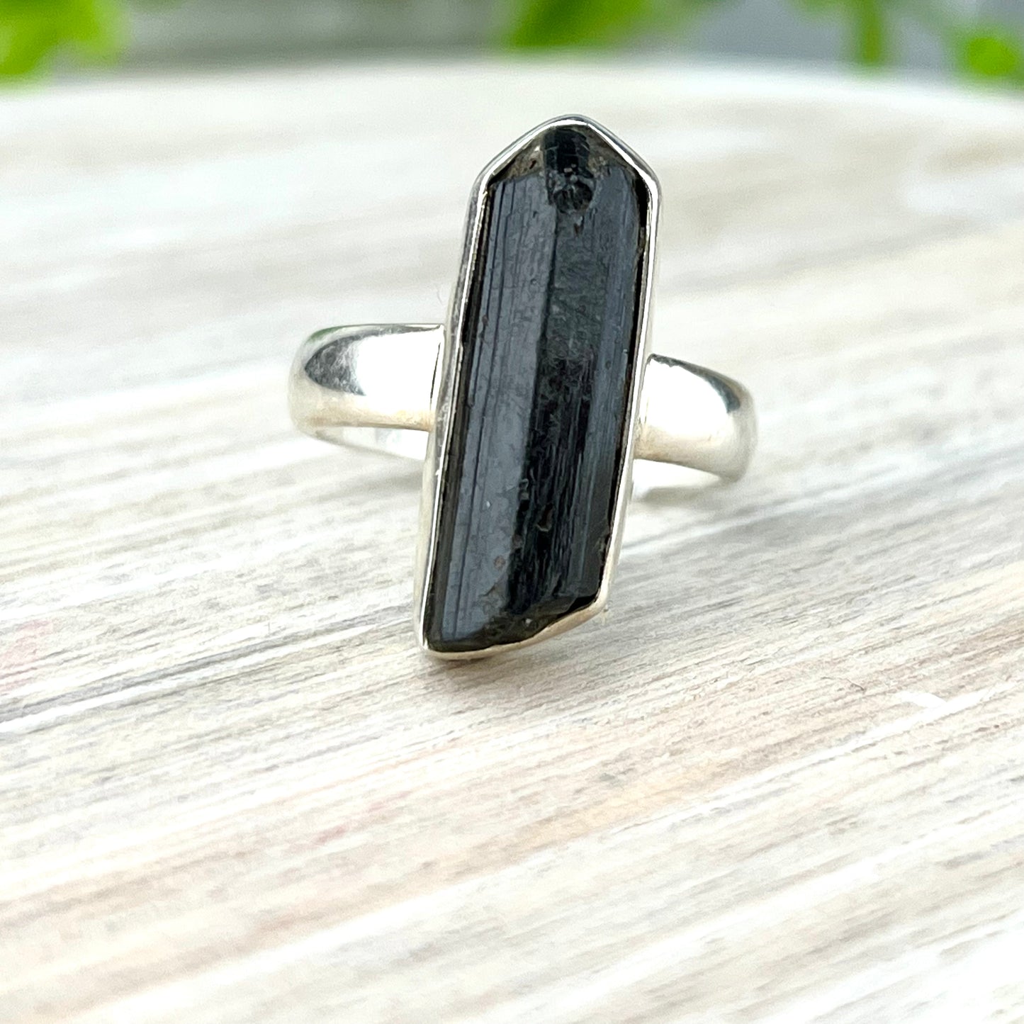 Raw Black Tourmaline Gemstone .925 Sterling Silver Ring