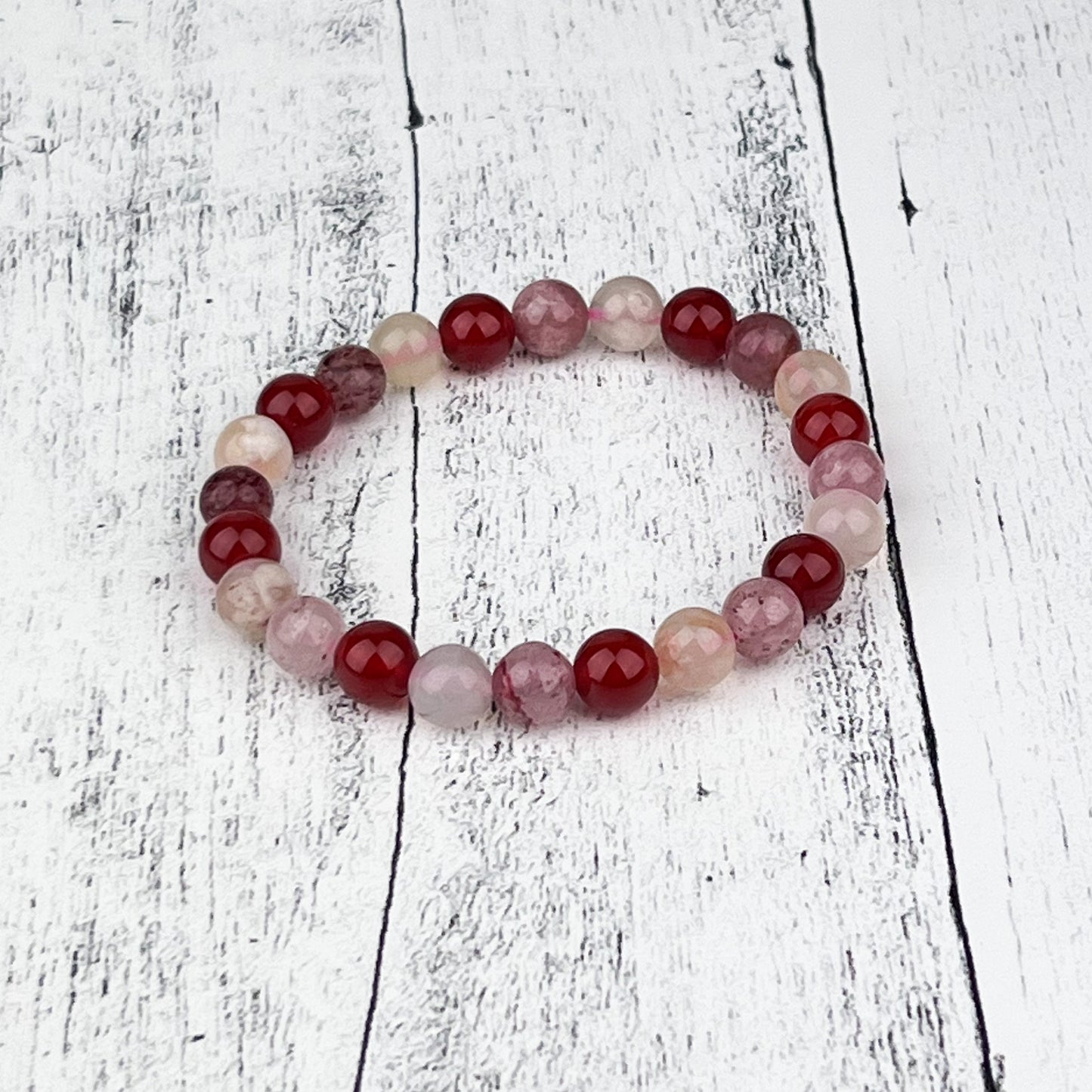 Carnelian Red Adventurine and Flower Agate Trio Gemstone Bracelet 8mm