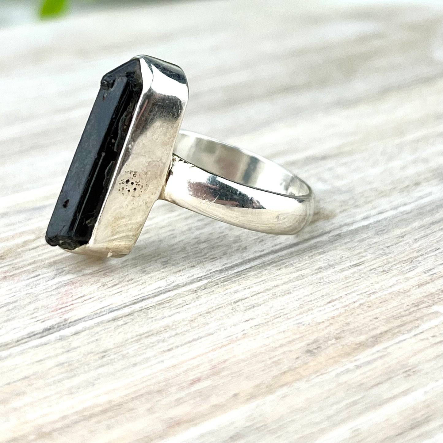 Raw Black Tourmaline Gemstone .925 Sterling Silver Ring