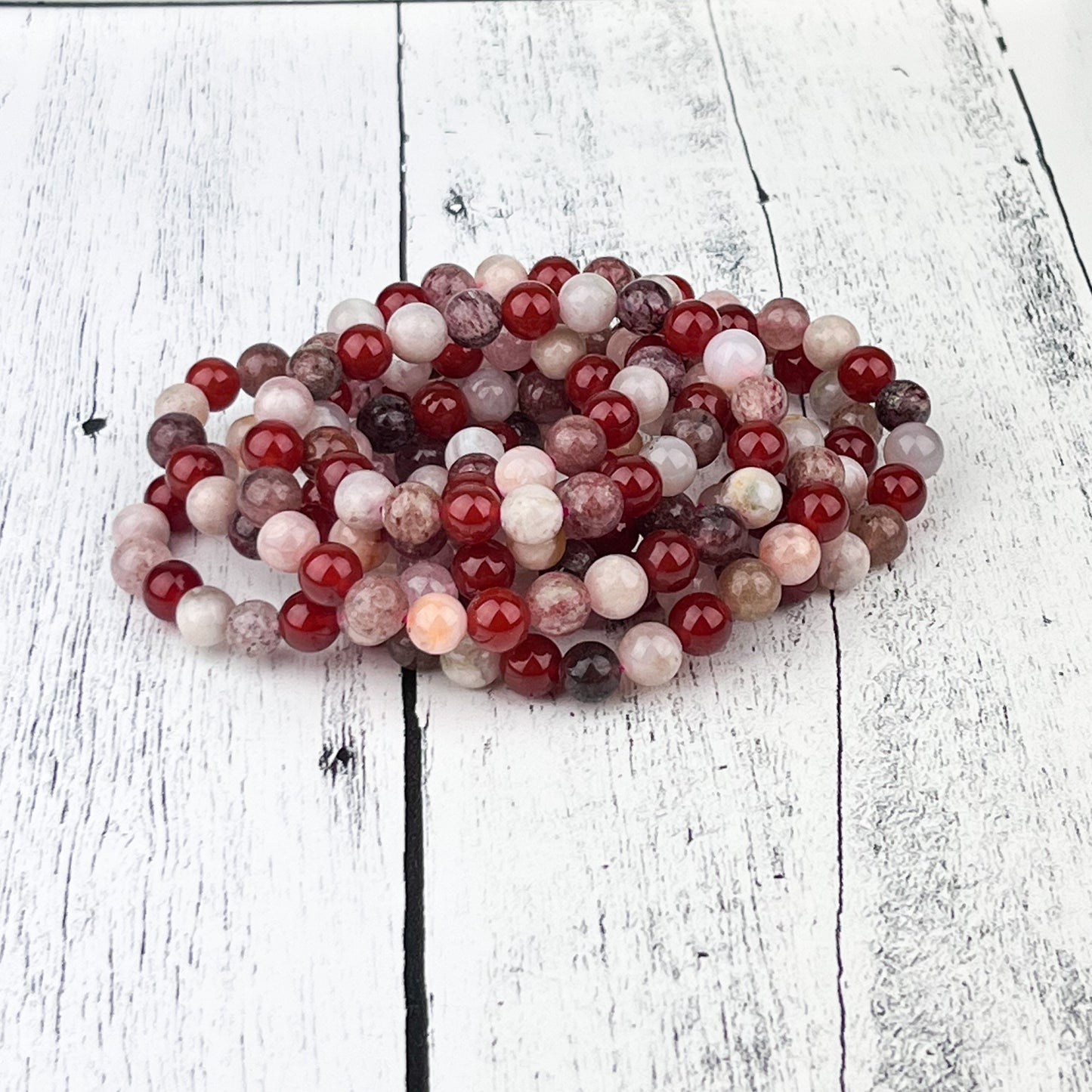 Carnelian Red Adventurine and Flower Agate Trio Gemstone Bracelet 8mm