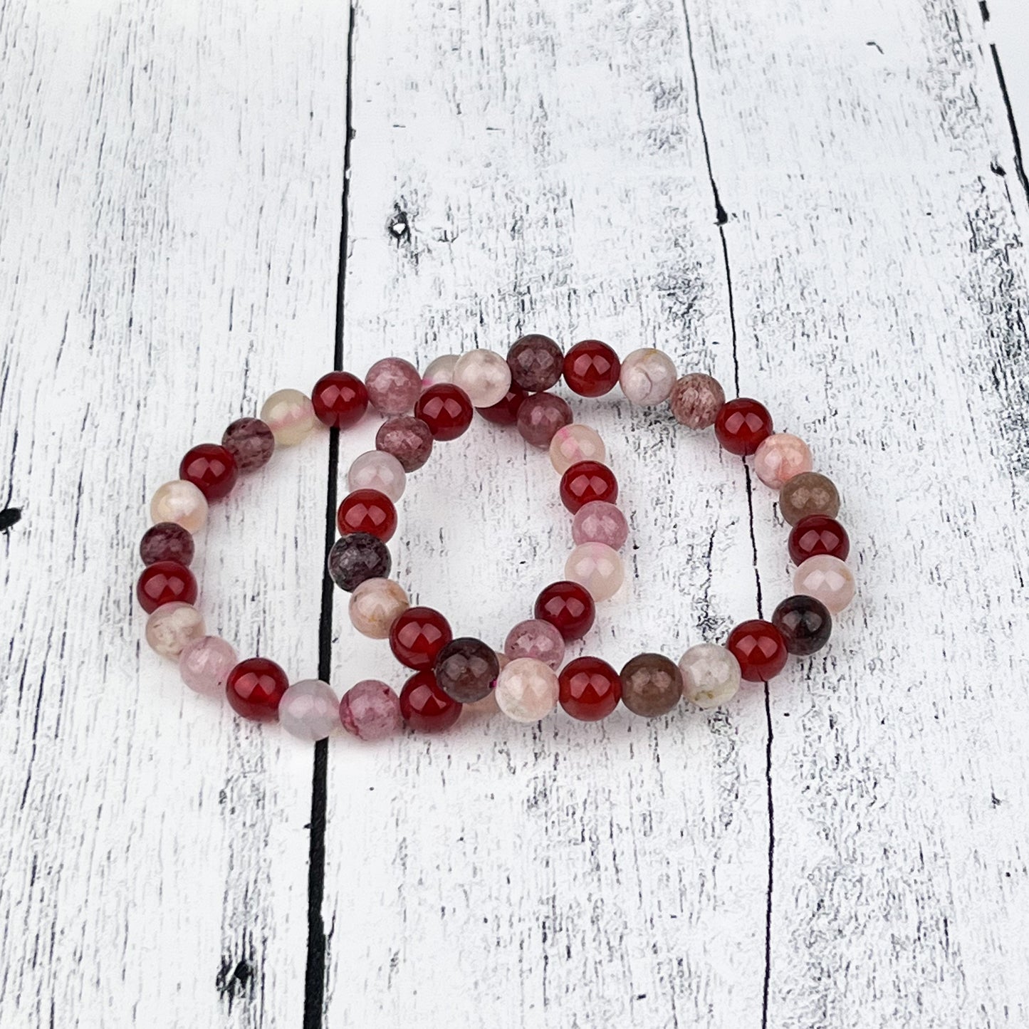 Carnelian Red Adventurine and Flower Agate Trio Gemstone Bracelet 8mm