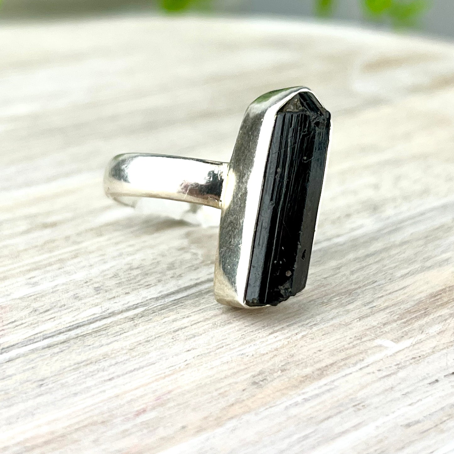 Raw Black Tourmaline Gemstone .925 Sterling Silver Ring
