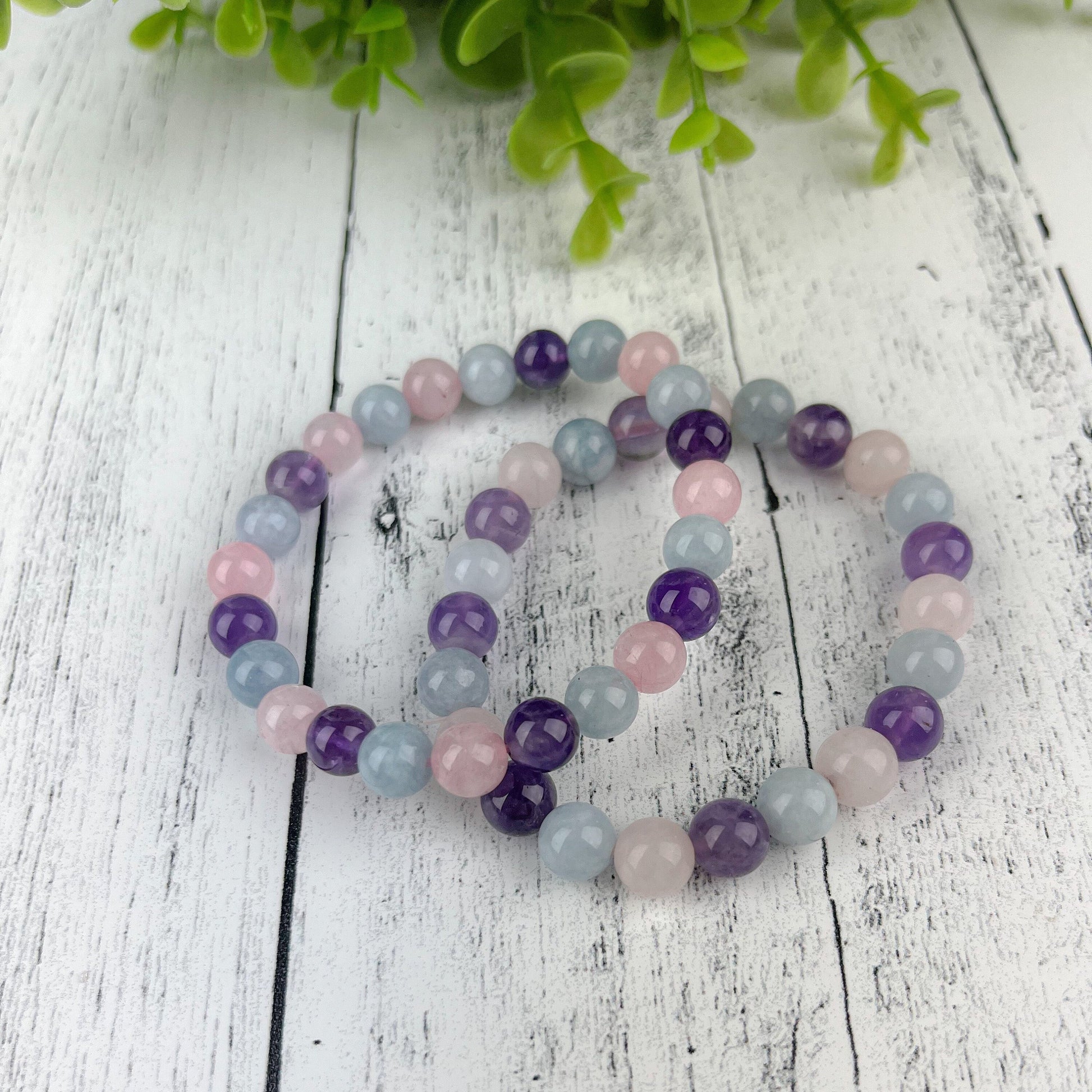 Amethyst Aquamarine Rose Quartz Trio Gemstone Bracelet 8mm