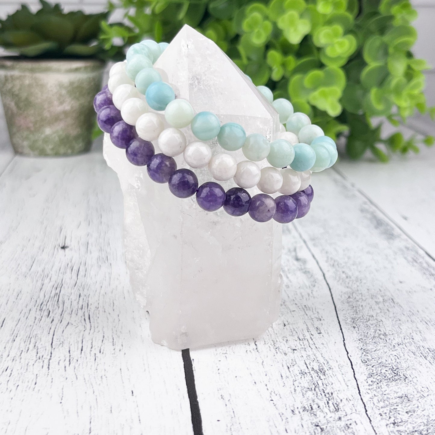 Harmony Stack Bracelet Set: Amazonite, Lepidolite, White Moonstone - Gemstone beaded bracelets for balance, self-love, and new beginnings - Crystals for everyone • Crystals And Cord