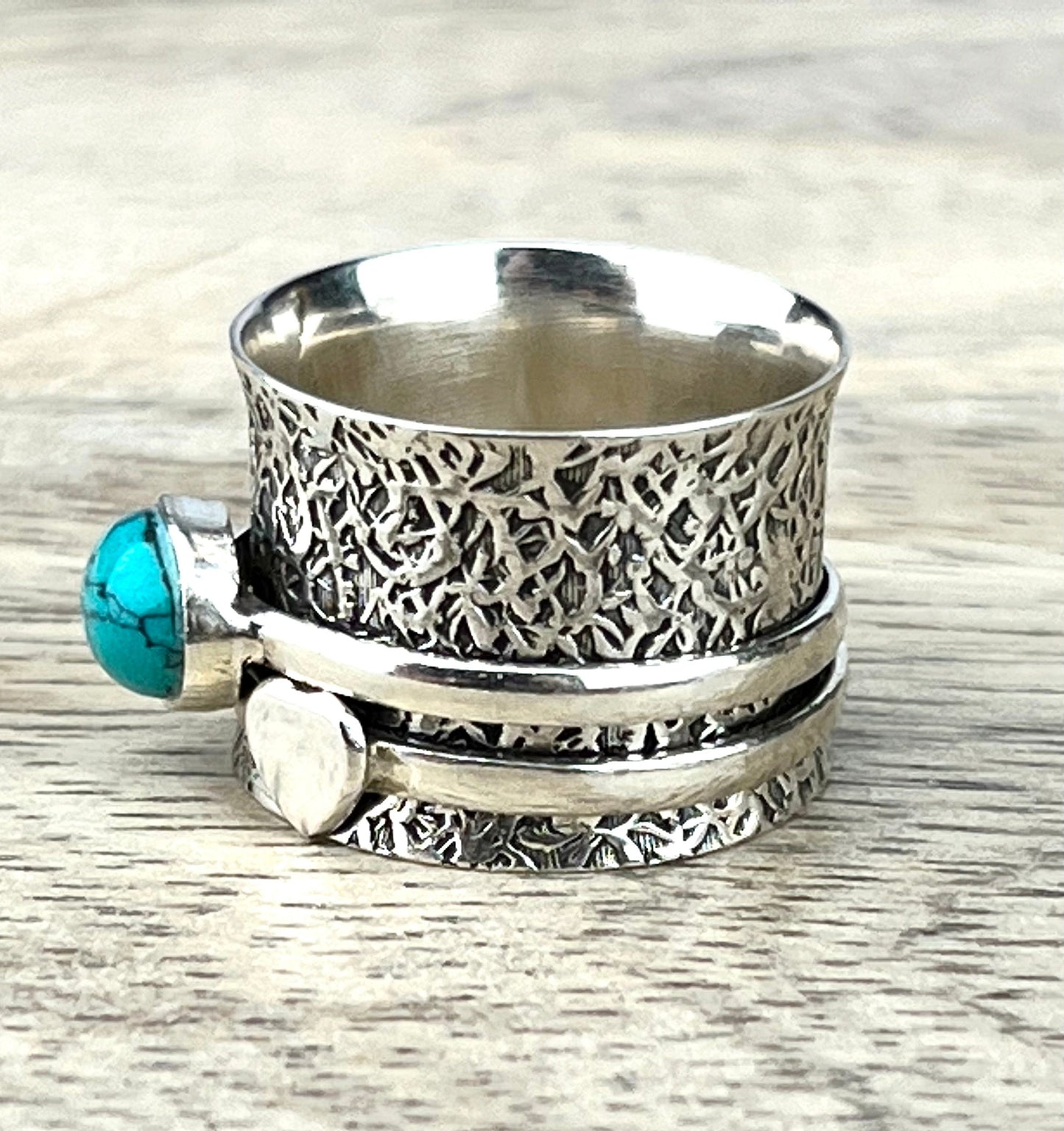 Turquoise Spinner Gemstone Ring .925 Sterling Silver, Boho Crystal Jewelry, Handcrafted Southwest Band Ring, Calming Fidget Meditation Ring