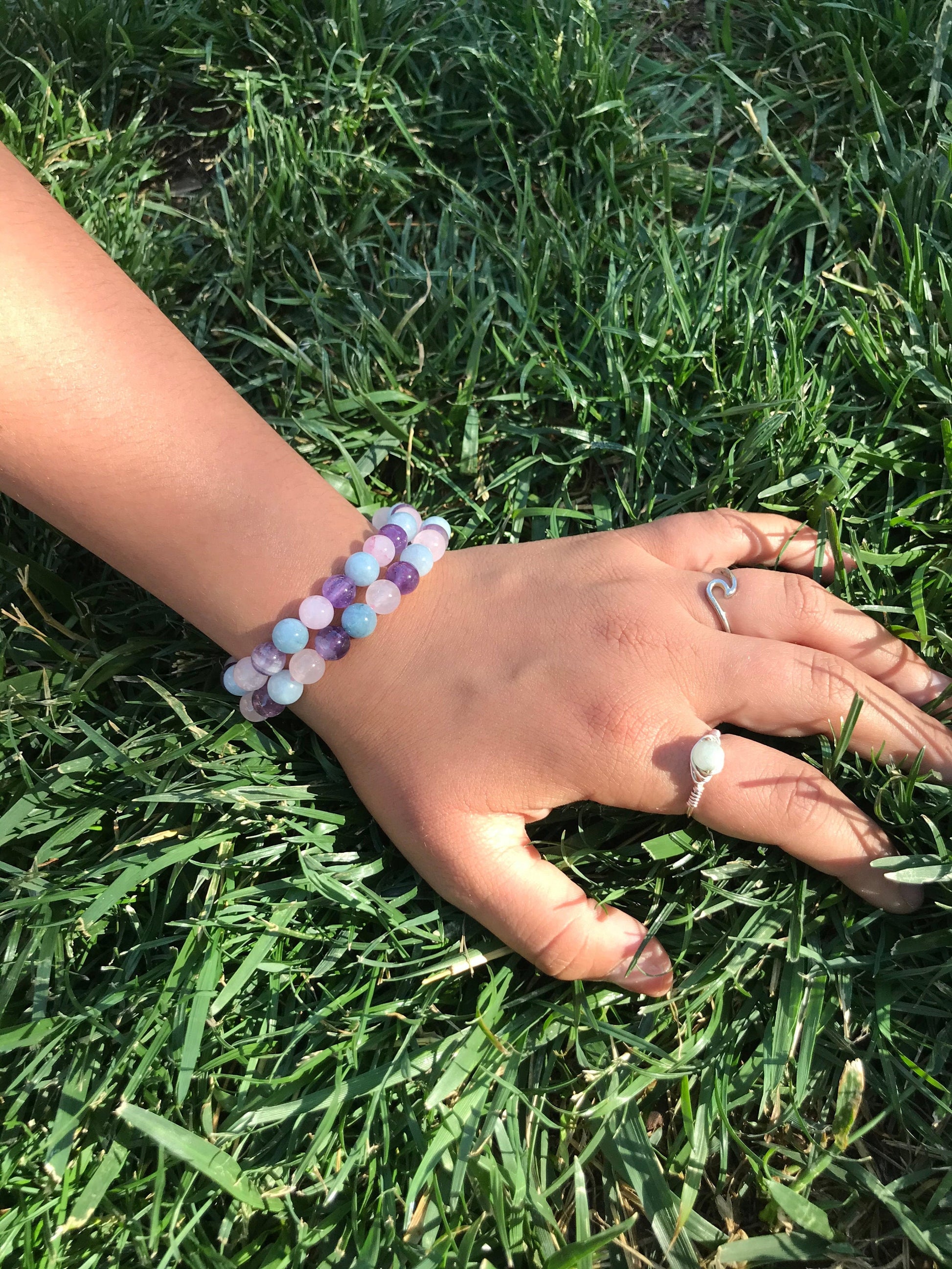 Amethyst Aquamarine Rose Quartz Trio Gemstone Bracelet 8mm