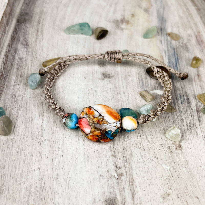 Hand Knotted Crystal Bracelet with Kingman Turquoise and Spiny Oyster
