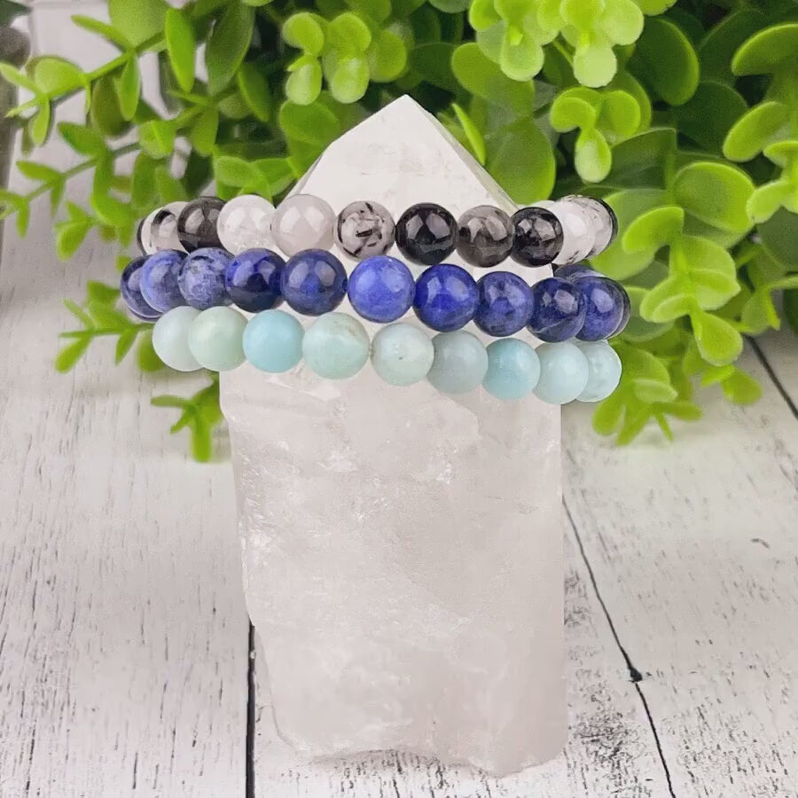 Gemstone Bracelet Set for Balance and Abundance with Sodalite, Amazonite, and Tourmalated Quartz - 8mm Stone Beads - Elastic - Set of 3