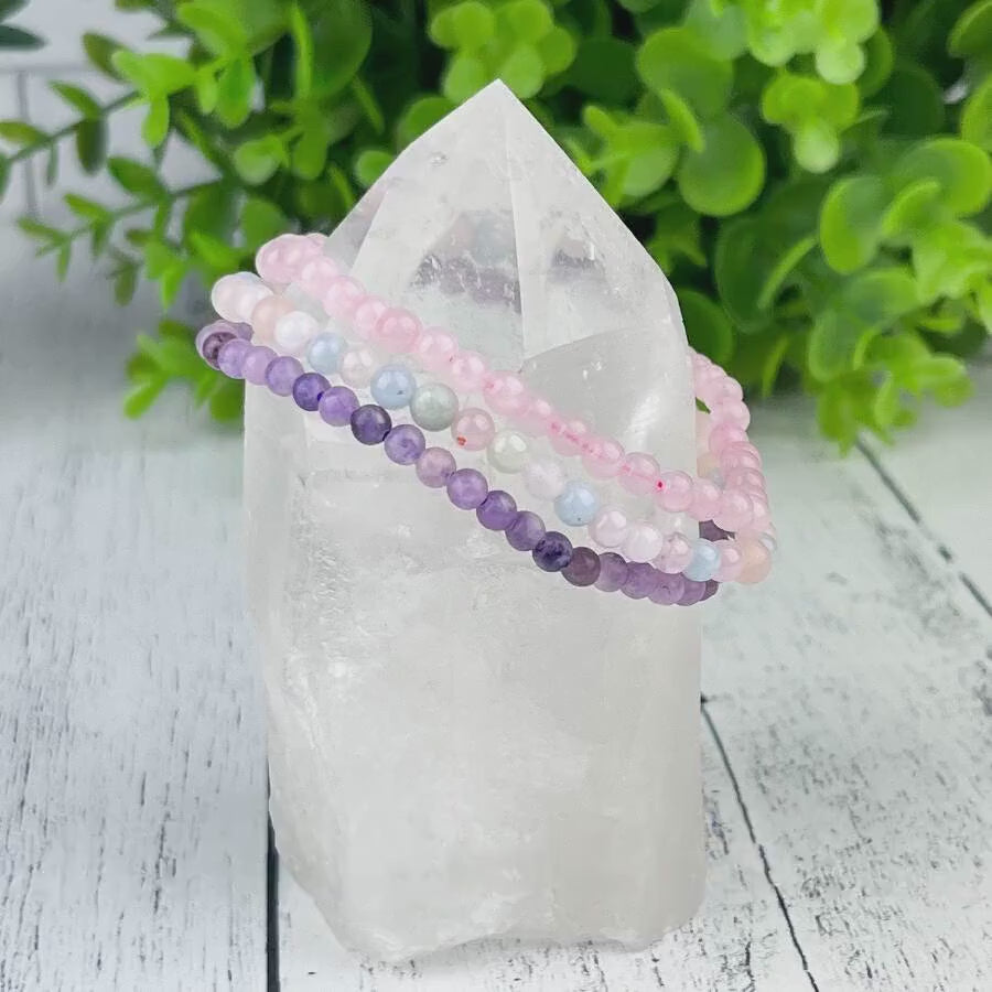 Gemstone Love Stack Bracelet Set with Rose Quartz, Lepidolite, and Morganite - 3 Bracelets 4mm Beads - Healing Love Energy - Heart Chakra