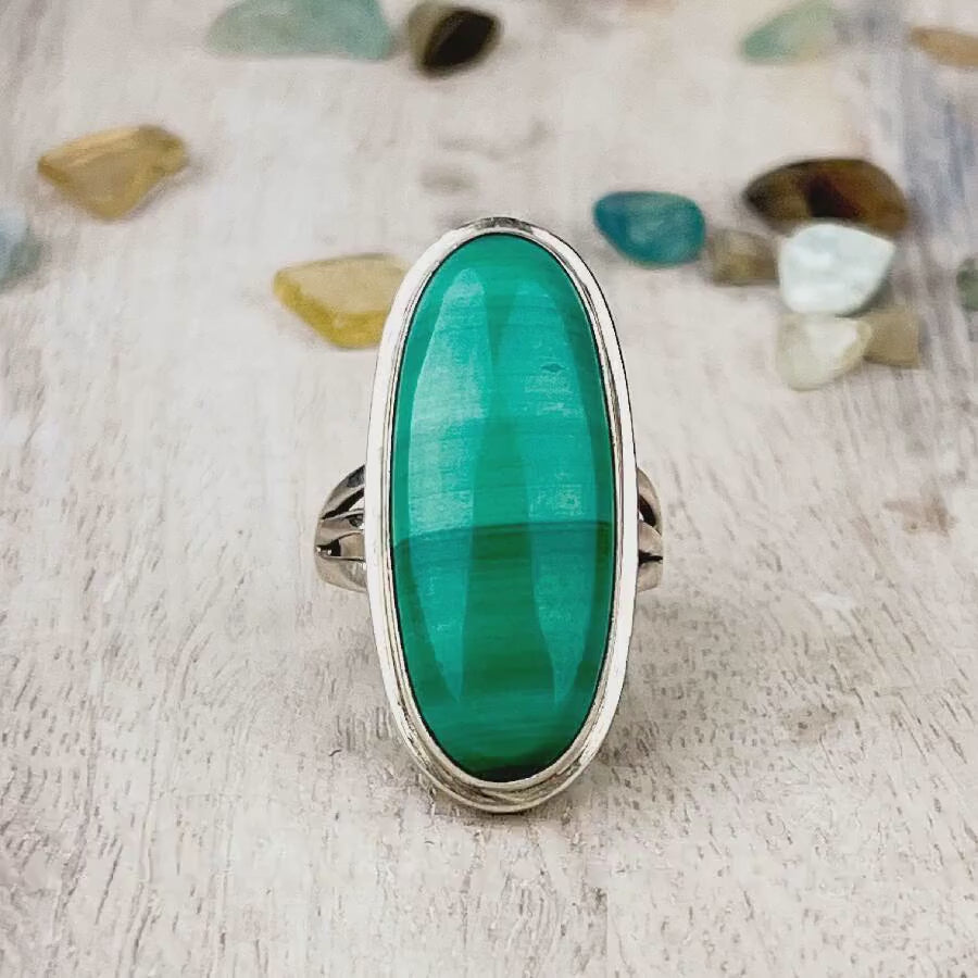 Beautiful Malachite Statement Ring in Sterling Silver Size 7 for Balance Transformation and Personal Growth with Bold Boho Gemstone Design