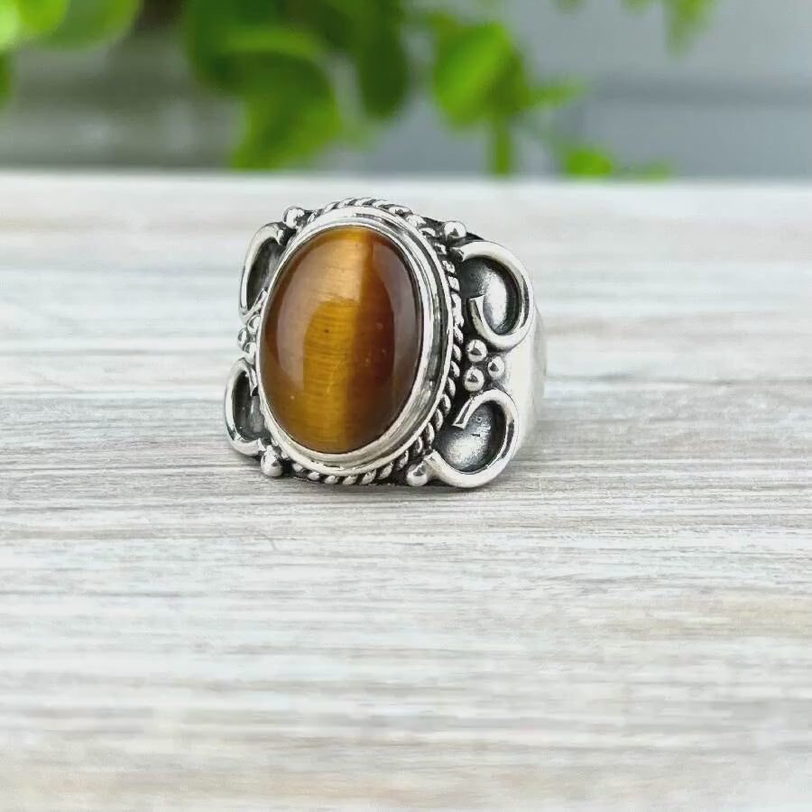 ATTRACT Wealth & Success with Tiger Eye Sterling Silver Ring | Size 8 | Business Stone for Entrepreneurs | Protection Amulet - Confidence