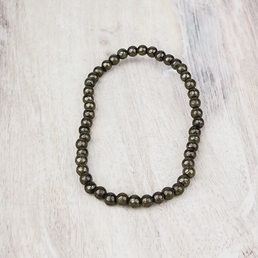 Pyrite Gemstone Bracelet: Protection Stone for New Beginnings and Prosperity - 4mm Beads - 7.5 Inches