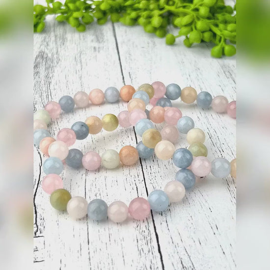 Stunning Morganite Gemstone Bracelet - 8mm Beads, Heart Stone, Calming Energy, Elastic Bracelet - Handmade Jewelry Gift