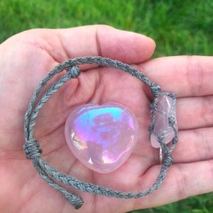 Knotted Crystal Bracelet with Rose Quartz and Rose Quartz Angel Aura Heart Set