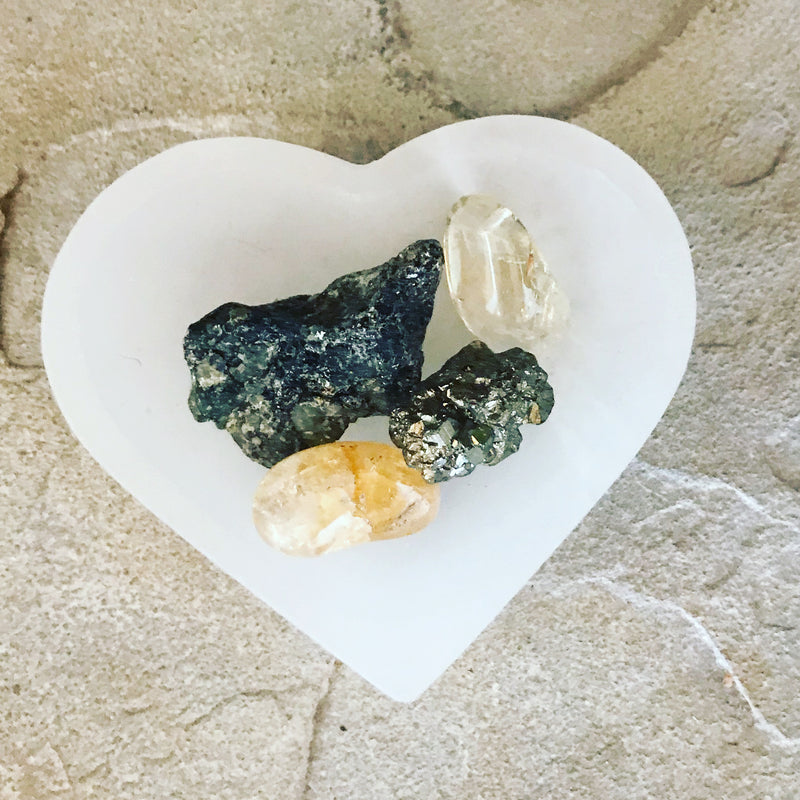 Prosperity Stones in Selenite Heart Bowl Set