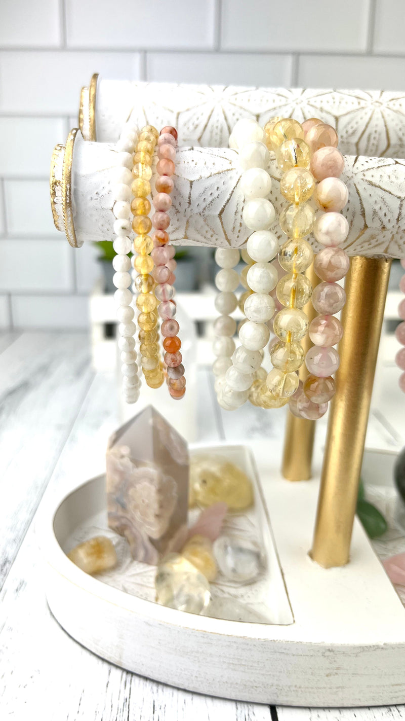 Agate gemstone beads arranged in the New Beginnings Bracelet Set
