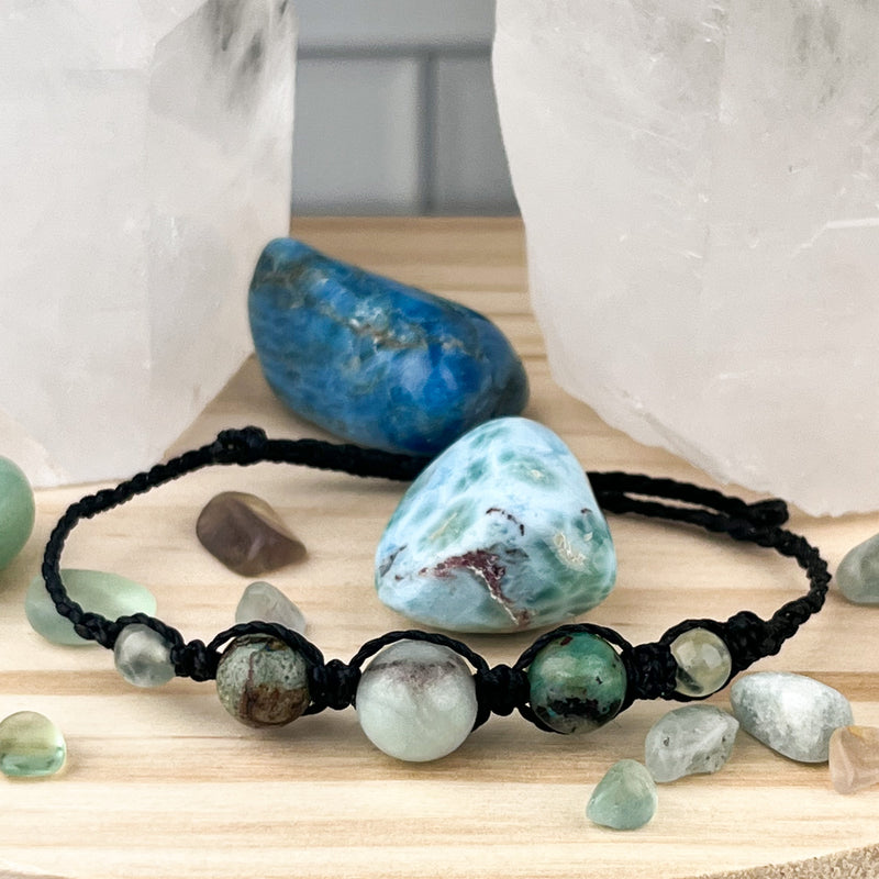 Hand Knotted Bead Bracelet with Caribbean Calcite Chrysocolla & Prehnite