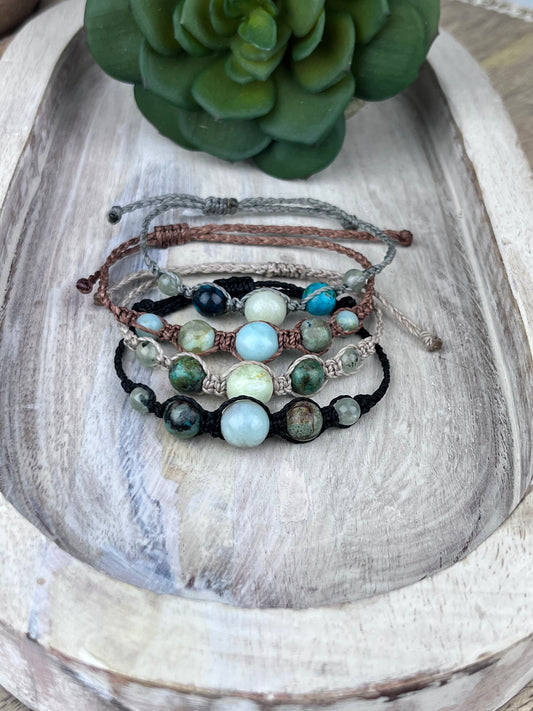 Hand Knotted Bead Bracelet with Caribbean Calcite Chrysocolla & Prehnite